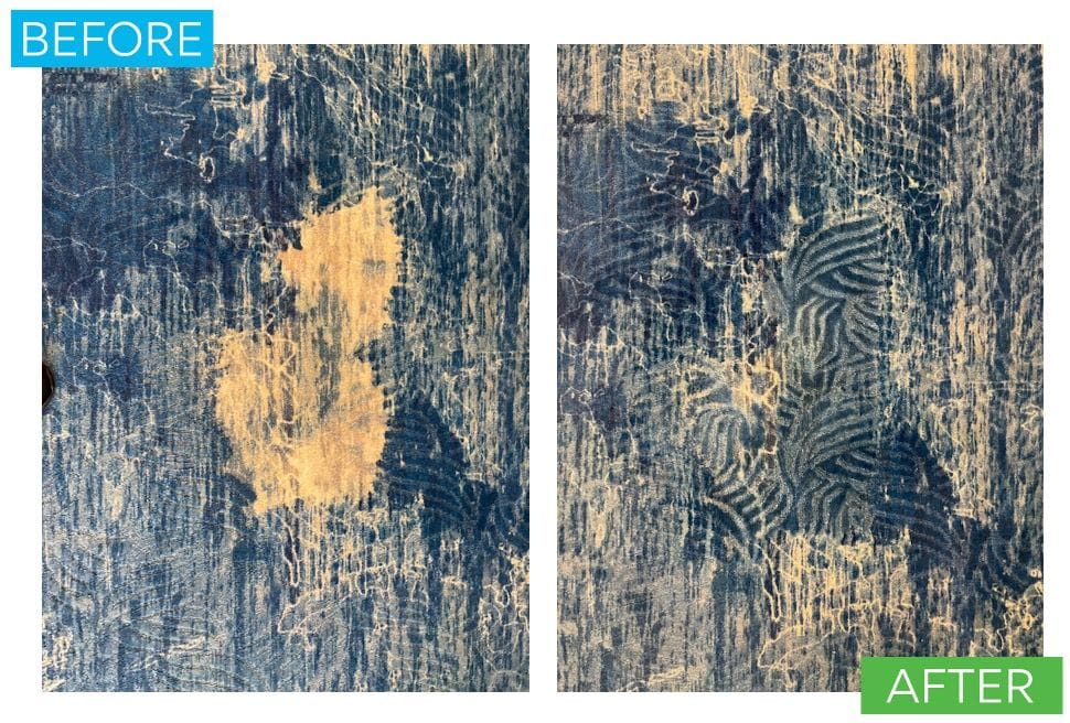 Before and after of a carpet dye repair for a bleached spot in a Honolulu commercial building