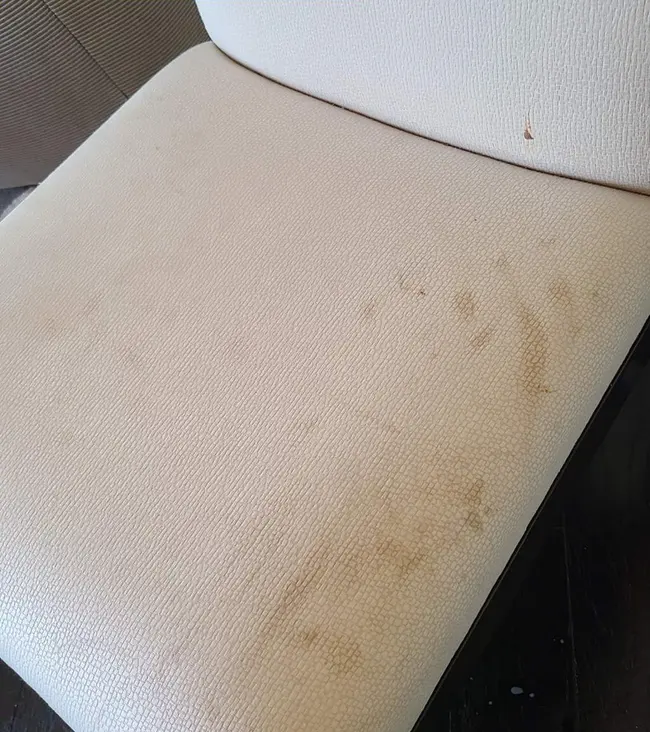 Before upholstery cleaning: visible brown spotting on a pale upholstered chair