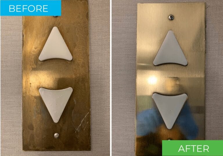 Before and after of professional brass elevator button restoration by Renue Hawaii