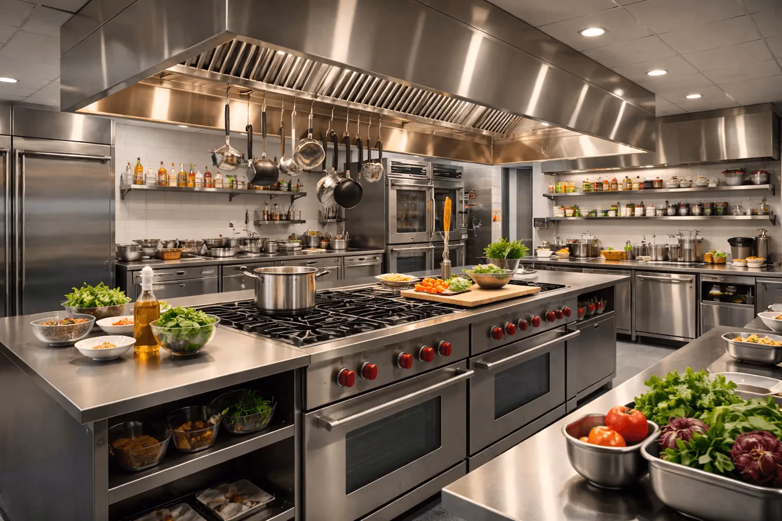 Spotless commercial kitchen after professional deep cleaning with sanitized stainless steel counters and degreased ovens.
