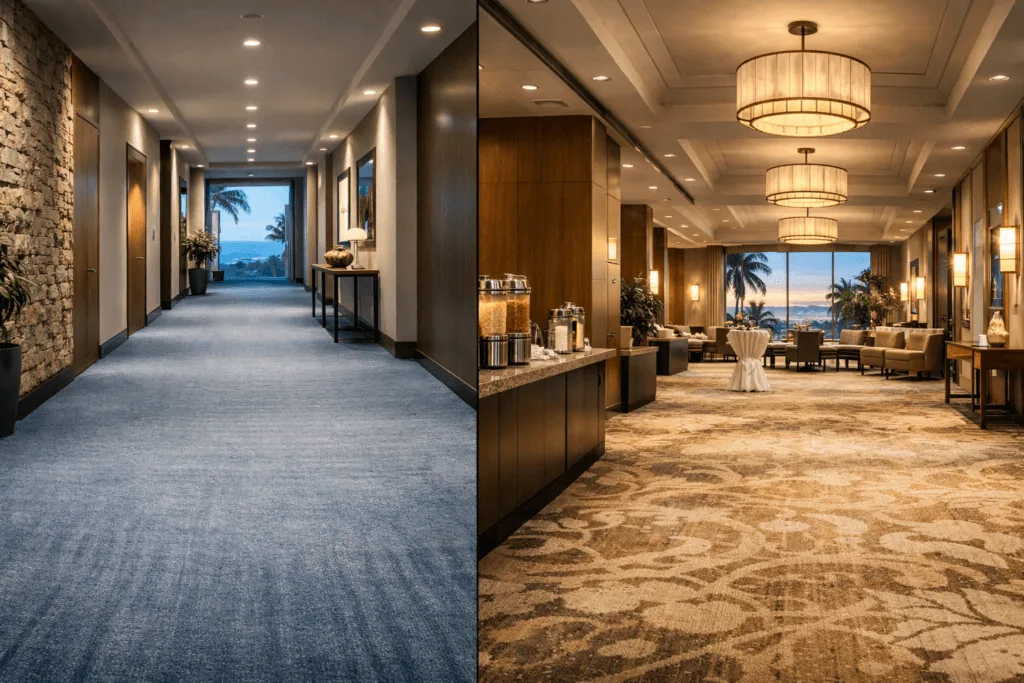 Commercial carpet cleaning in Honolulu, deep-cleaned corridor carpet in a high-traffic venue on Oahu