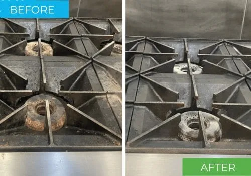 Before and after of commercial stovetop deep cleaning and carbon removal by Renue Hawaii