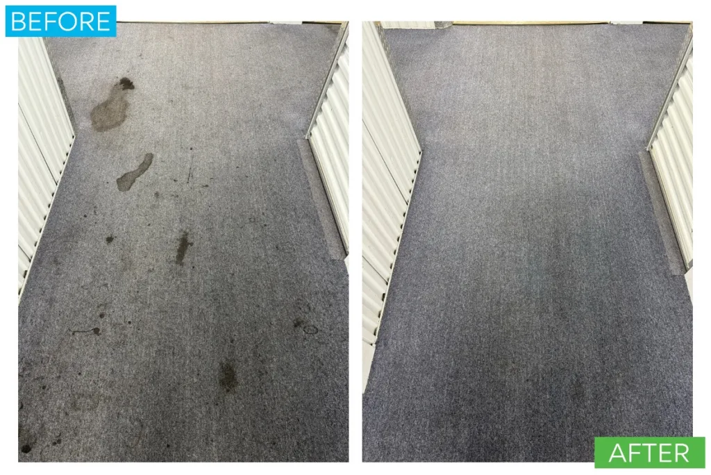 Before and after commercial carpet cleaning showing improvement in a high-traffic carpeted area
