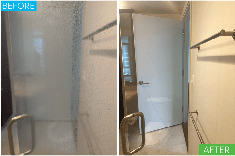 Before-and-after shower glass restoration at Waihonua condominium in Honolulu after three previous companies were unable to remove hard-water stains, soap scum, and cloudy mineral buildup.