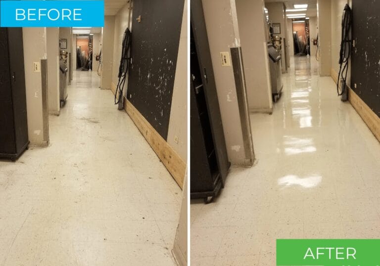 Before and after of commercial VCT floor stripping and high-gloss waxing by Renue Hawaii