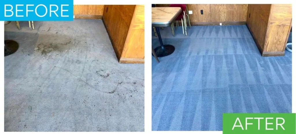 Before and after commercial carpet stain removal and traffic-lane cleaning