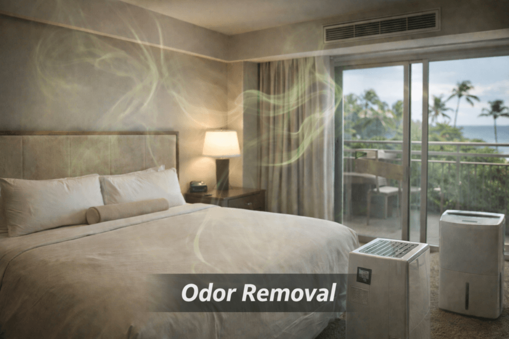 Visual representation of airborne bacteria and musty odors requiring professional commercial odor removal in a resort guestroom.