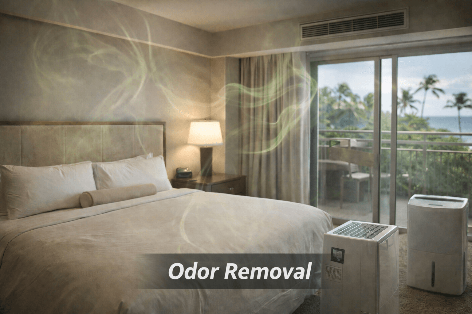 Visual representation of airborne bacteria and musty odors requiring professional commercial odor removal in a resort guestroom.