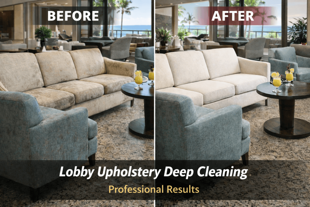 Professional commercial upholstery cleaning oahu for a luxury resort lobby by Renue Hawaii.