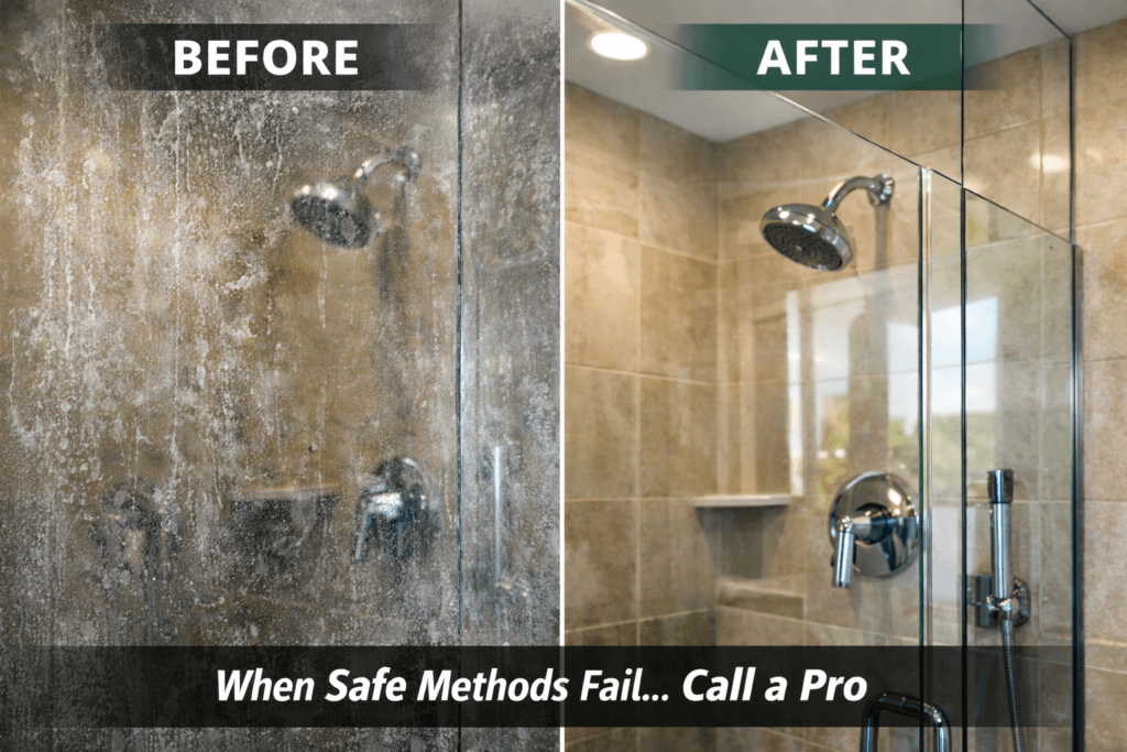 Professional hard water stain removal and glass restoration on a luxury resort shower door in Waikiki by Renue Hawaii.