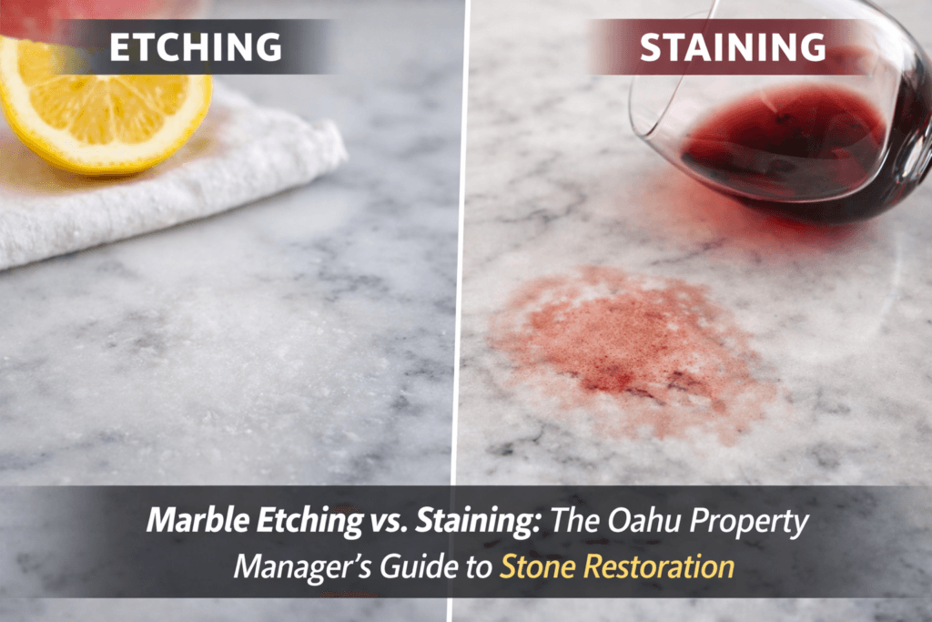 Professional marble etching repair and stone restoration for a luxury Oahu resort vanity by Renue.