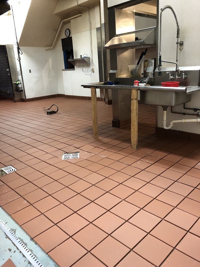 Commercial kitchen floor safety on Oahu with clean quarry tile and drains