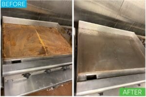 Before and after deep cleaning of a commercial flat top griddle in a Waikiki restaurant kitchen.