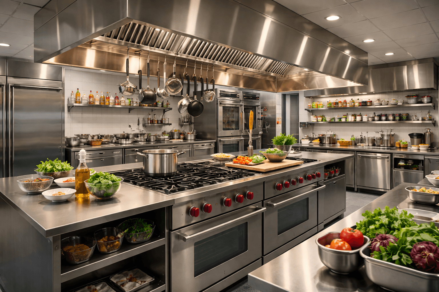 Spotless commercial kitchen after professional deep cleaning with sanitized stainless steel counters and degreased ovens.